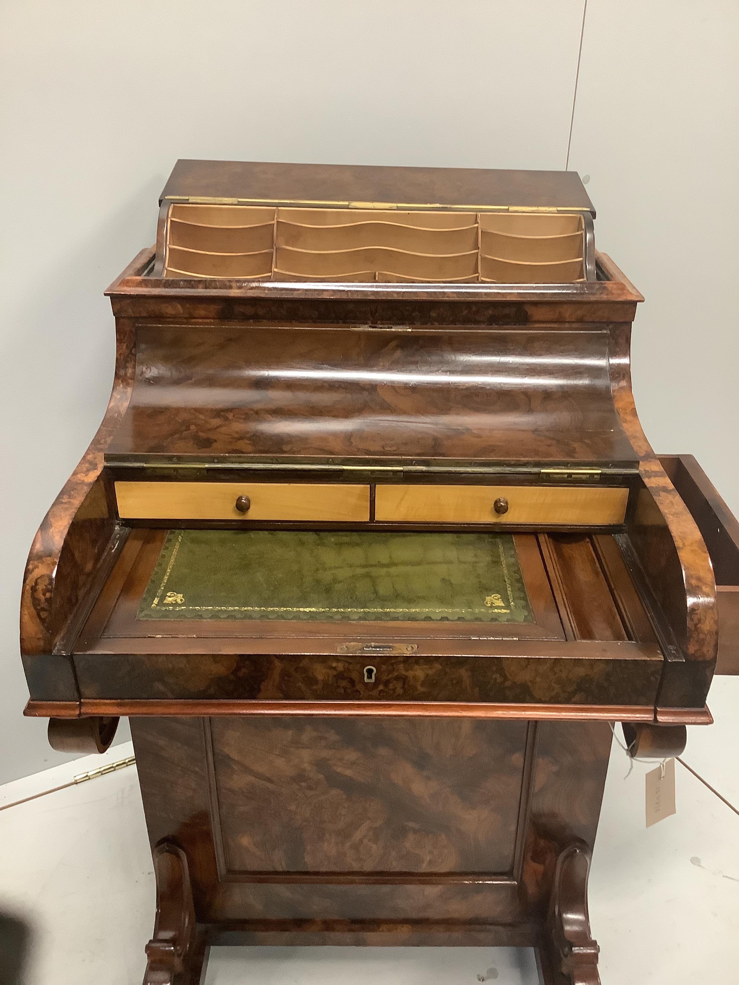A Victorian burr walnut piano top pop-up Davenport, width 57cm, depth 56cm, height 89cm